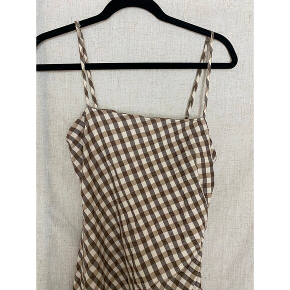 House of Harlowe 1960 Brown Gingham Check Ruched Sheath Midi Slip Dress - L - Picture 7 of 16